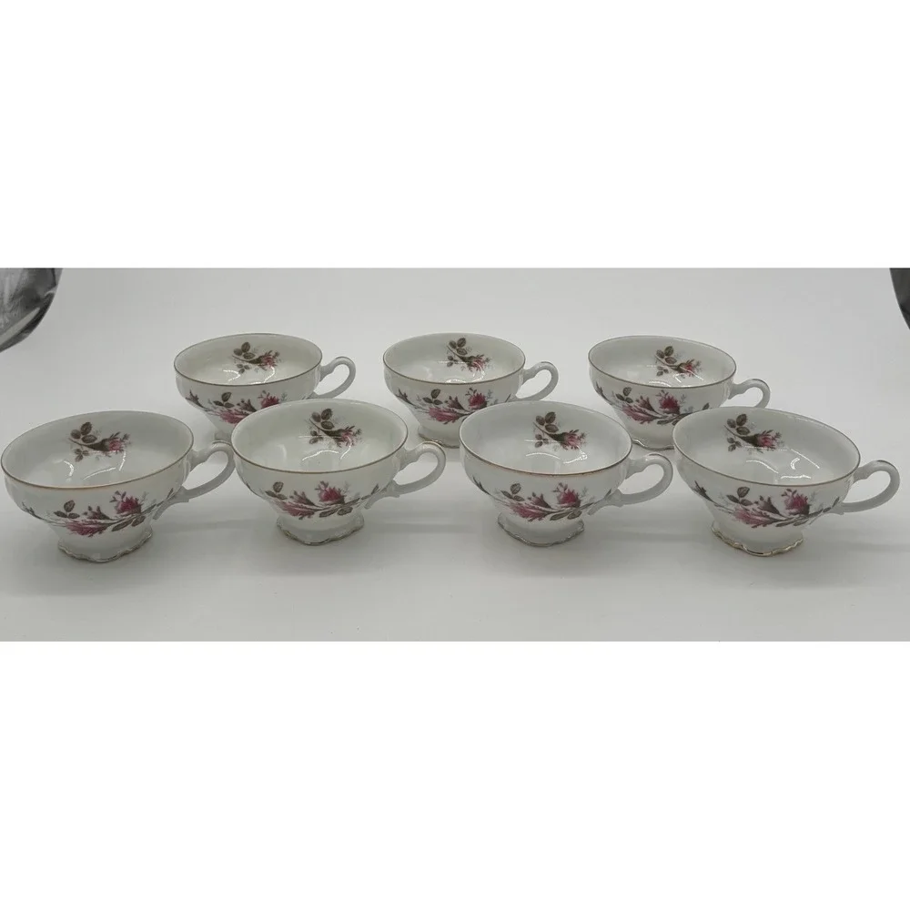 Vintage Royal Rose Fine China Japan Teacups Lot‎ Of 7 Pink Floral Gold Trim